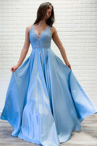A Line V Neck Light Blue Lace Long Prom Dresses, Light Blue Lace Formal Dresses, Lace Light Blue Evening Dresses