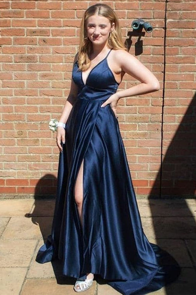 A Line V Neck Navy Blue Satin Long Prom Dress with High Slit, V Neck N abcprom A Line V Neck Navy Blue Satin Long Prom Dress with High Slit, V Neck N abcprom