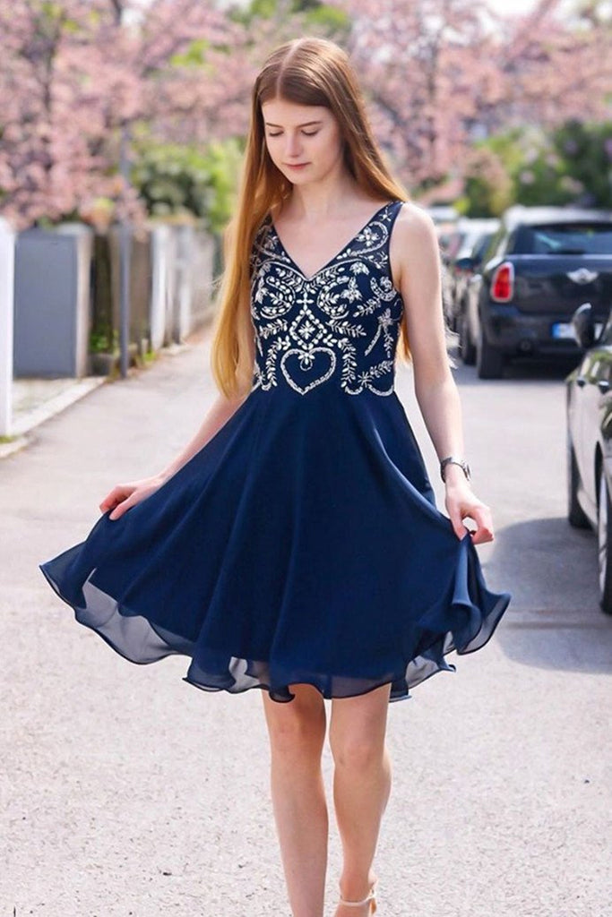 A Line V Neck Navy Blue Short Prom Dress Homecoming Dress Navy Blue V Neck Formal Graduation Evening Dress