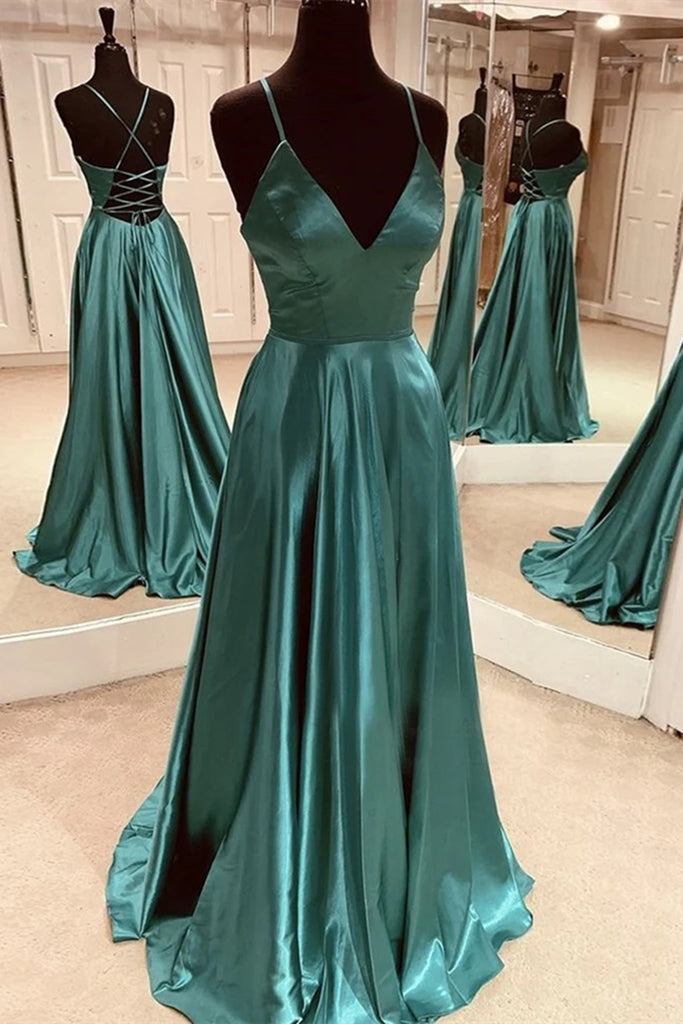 A Line V Neck Open Back Emerald Green Satin Long Prom Dress, Backless abcprom A Line V Neck Open Back Emerald Green Satin Long Prom Dress, Backless abcprom