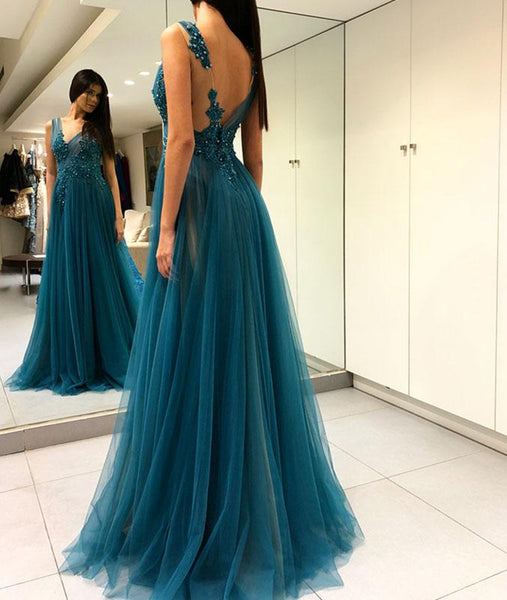 A Line V Neck Open Back Lace Green Tulle Long Prom Dresses, Green Backless Lace Formal Graduation Evening Dresses