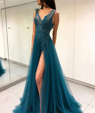 A Line V Neck Open Back Lace Green Tulle Long Prom Dresses, Green Backless Lace Formal Graduation Evening Dresses