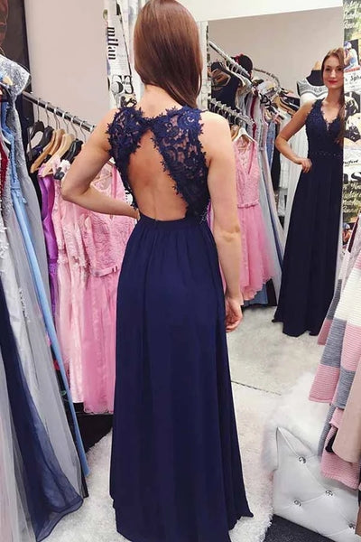 A Line V Neck Open Back Navy Blue Lace Long Prom Dress, V Neck Navy Blue Lace Formal Graduation Evening Dress