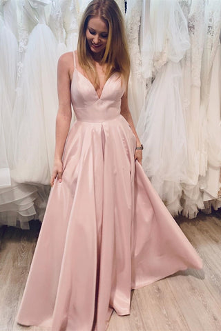 A Line V Neck Pink Satin Long Prom Dress, V Neck Pink Formal Dress, Pink Evening Dress