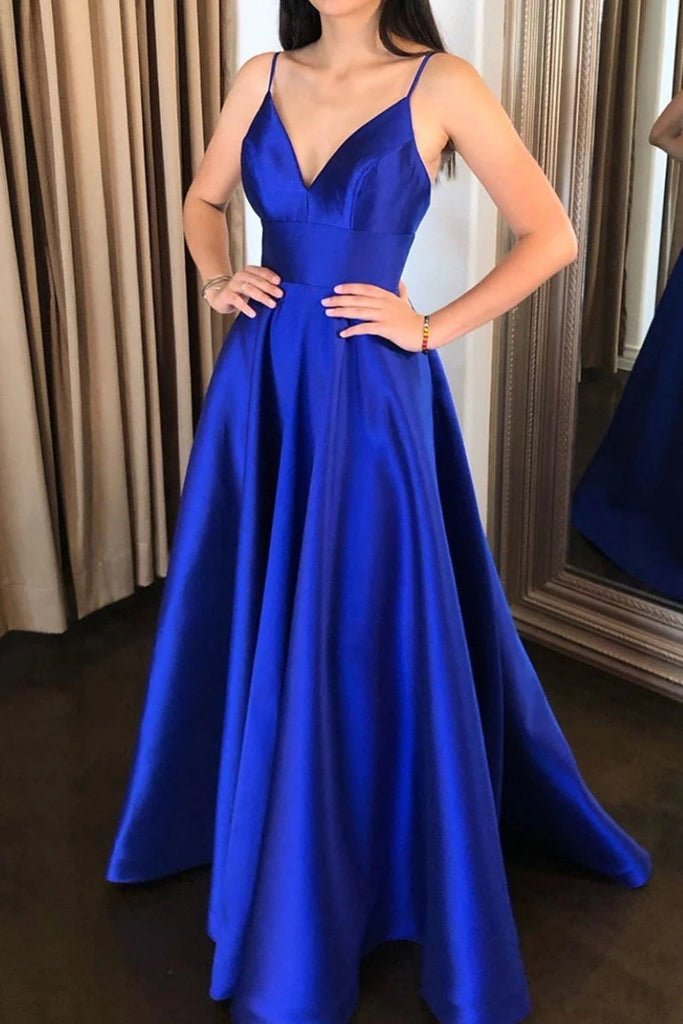 A Line V Neck Royal Blue Satin Long Prom Dress, Royal Blue Formal Grad abcprom A Line V Neck Royal Blue Satin Long Prom Dress, Royal Blue Formal Grad abcprom