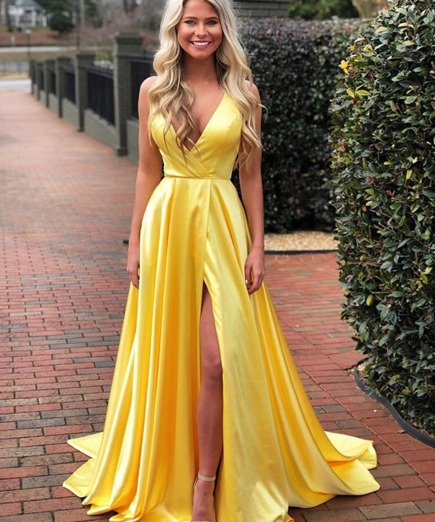 A Line V Neck Royal Blue/Yellow Satin Long Prom Dresses with Side