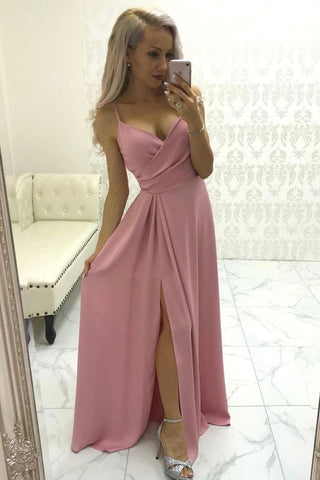 A Line V Neck Satin Long Pink Prom Dress with Slit, V Neck Pink Formal Graduation Evening Dress