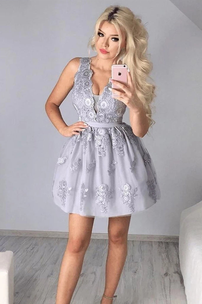A Line V Neck Silver Gray Lace Appliques Short Prom Dress Homecoming D abcprom A Line V Neck Silver Gray Lace Appliques Short Prom Dress Homecoming D abcprom