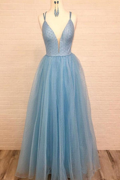 A Line V Neck Sky Blue Long Prom Dress 2020 with Tiny Dot Print, V Neck Sky Blue Formal Graduation Evening Dress