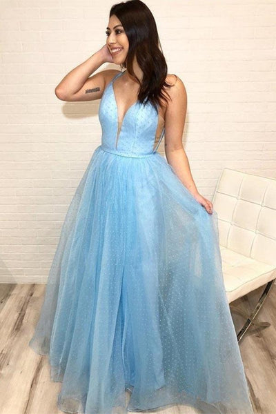 A Line V Neck Sky Blue Long Prom Dress 2020 with Tiny Dot Print, V Neck Sky Blue Formal Graduation Evening Dress