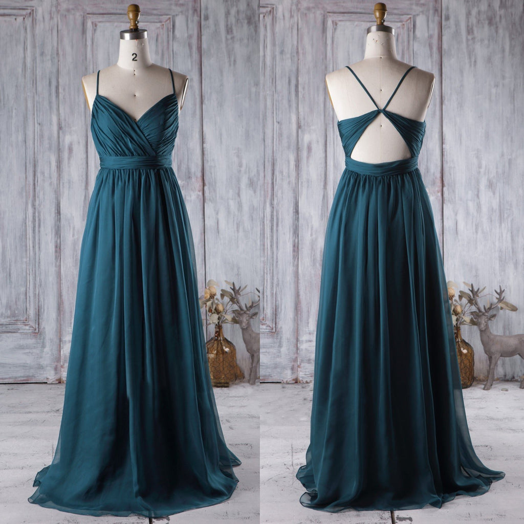 open lace back dress A Line V Neck Spaghetti Strap Peacock Blue Chiffon Long Prom Dress, V –  abcprom