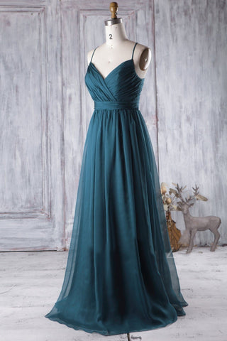 A Line V Neck Spaghetti Strap Peacock Blue Chiffon Long Prom Dress, V – abcprom