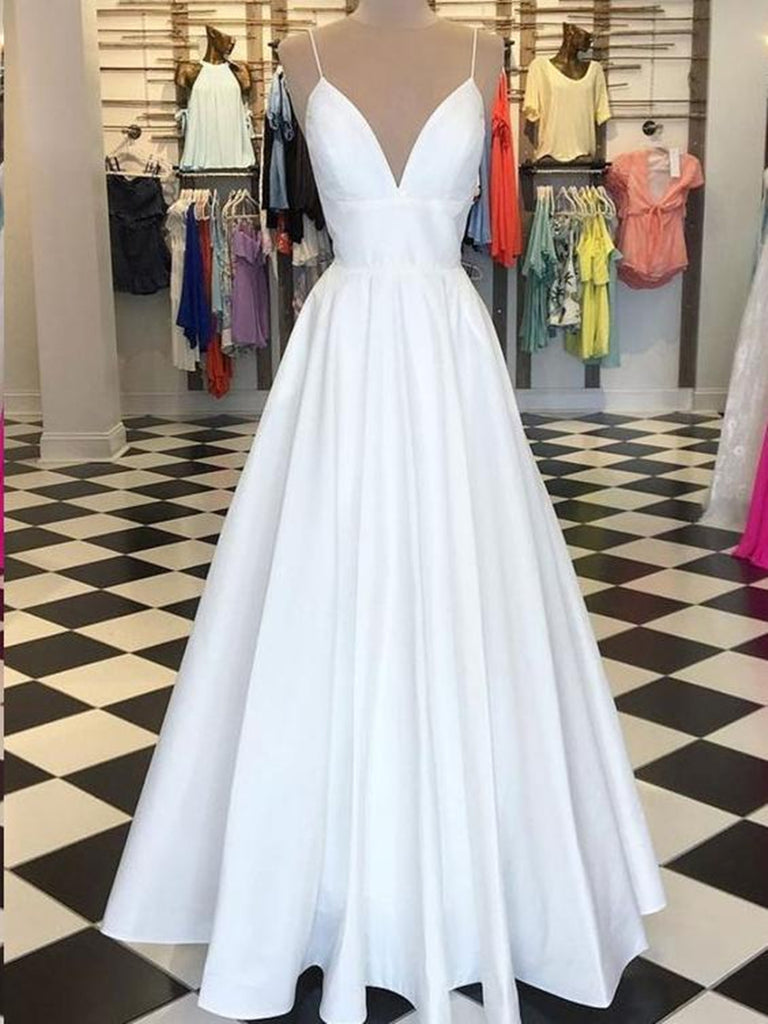 A Line V Neck Spaghetti Straps White Prom Dresses, V Neck White Formal abcprom A Line V Neck Spaghetti Straps White Prom Dresses, V Neck White Formal abcprom