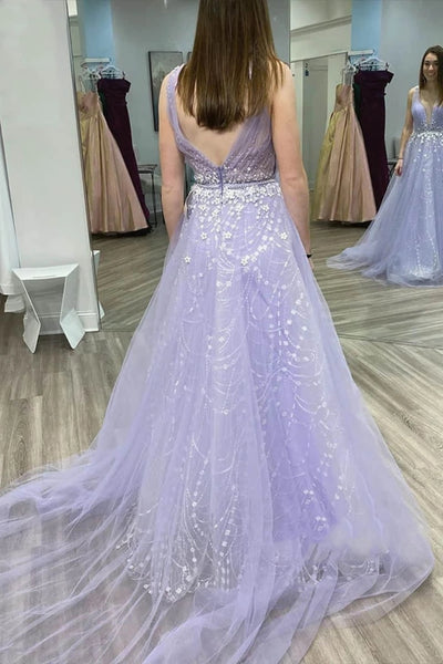 A Line V Neck Tulle Lace Appliques Long Lilac Prom Dress, V Neck Lace Appliques Lilac Formal Dress, Lace Lilac Evening Dress