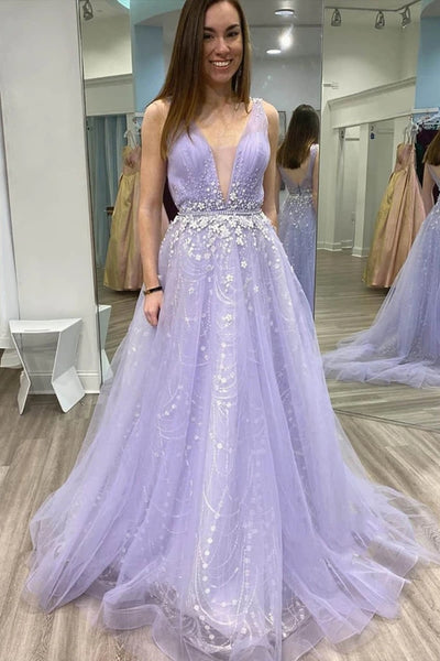 A Line V Neck Tulle Lace Appliques Long Lilac Prom Dress, V Neck Lace Appliques Lilac Formal Dress, Lace Lilac Evening Dress