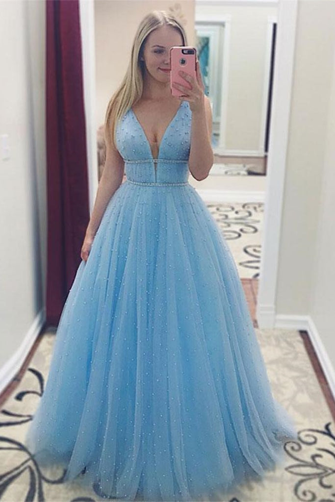 A Line V Neck Tulle Long Light Blue Prom Dress with Beadings, V Neck Light Blue Formal Graduation Evening Dress