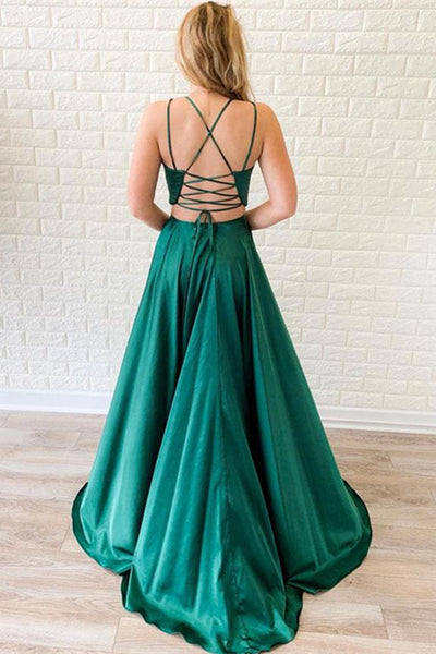 A Line V Neck Two Pieces Backless Green Satin Long Prom Dresses with Leg Slit, Two Pieces Green Formal Dresses, Green Evening Dresses
