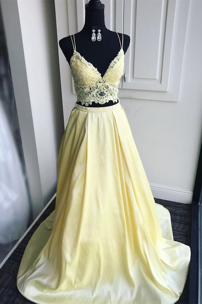 A Line V Neck Two Pieces Lace Top Yellow Prom Dress, Two Pieces Yellow abcprom A Line V Neck Two Pieces Lace Top Yellow Prom Dress, Two Pieces Yellow abcprom