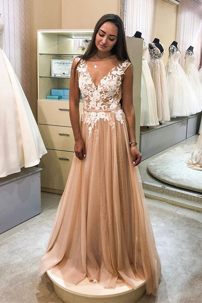 A Line V Neck White Lace Champagne Tulle Long Prom Dresses, Lace Champ abcprom A Line V Neck White Lace Champagne Tulle Long Prom Dresses, Lace Champ abcprom