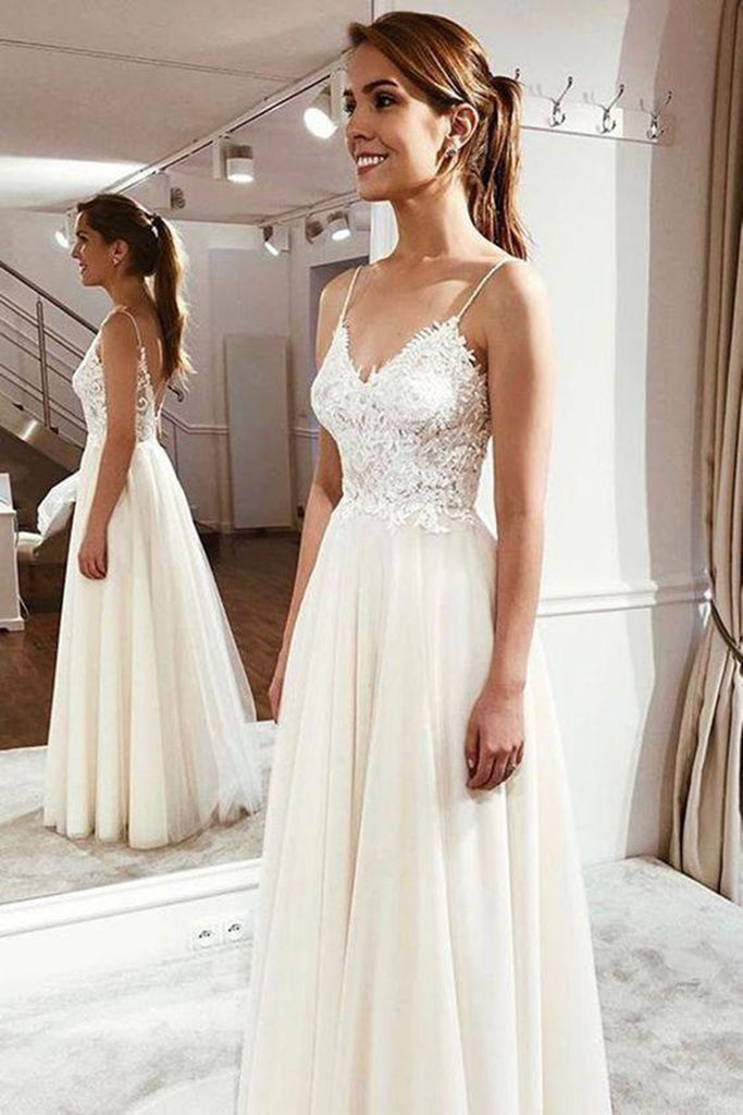 A Line V Neck White Lace Long Prom Dress White Lace Formal Dress