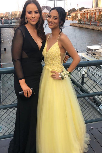 A Line V Neck Yellow Lace Long Prom Dresses, V Neck Yellow Lace Formal Graduation Evening Dresses