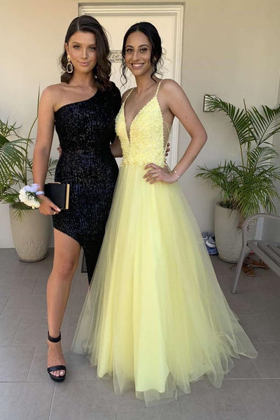 A Line V Neck Yellow Lace Long Prom Dresses, V Neck Yellow Lace Formal Graduation Evening Dresses