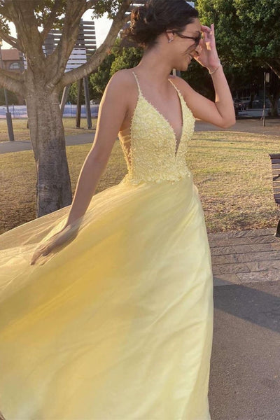 A Line V Neck Yellow Lace Long Prom Dresses, V Neck Yellow Lace Formal Graduation Evening Dresses