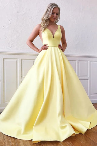 A Line V Neck Yellow Satin Long Prom Dress with Pockets, V Neck Yellow Formal Graduation Evening Dress