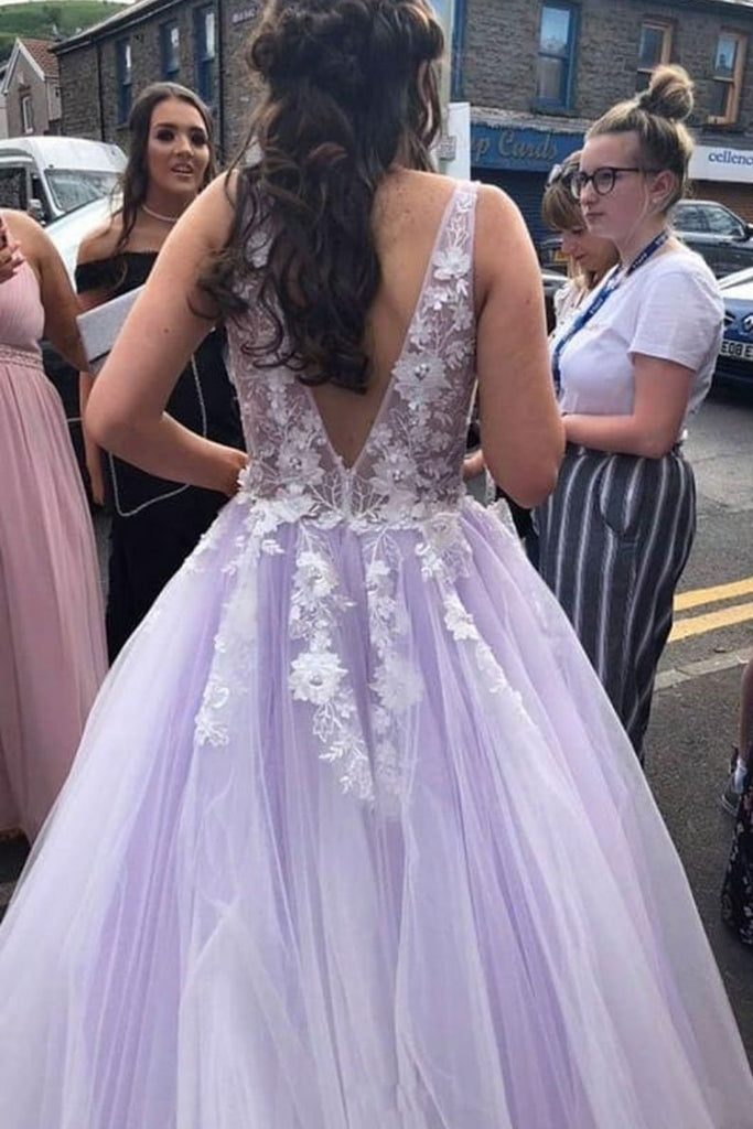 A Line V Neck and V Back Long White Lace Appliques Purple Prom Dress, abcprom A Line V Neck and V Back Long White Lace Appliques Purple Prom Dress, abcprom