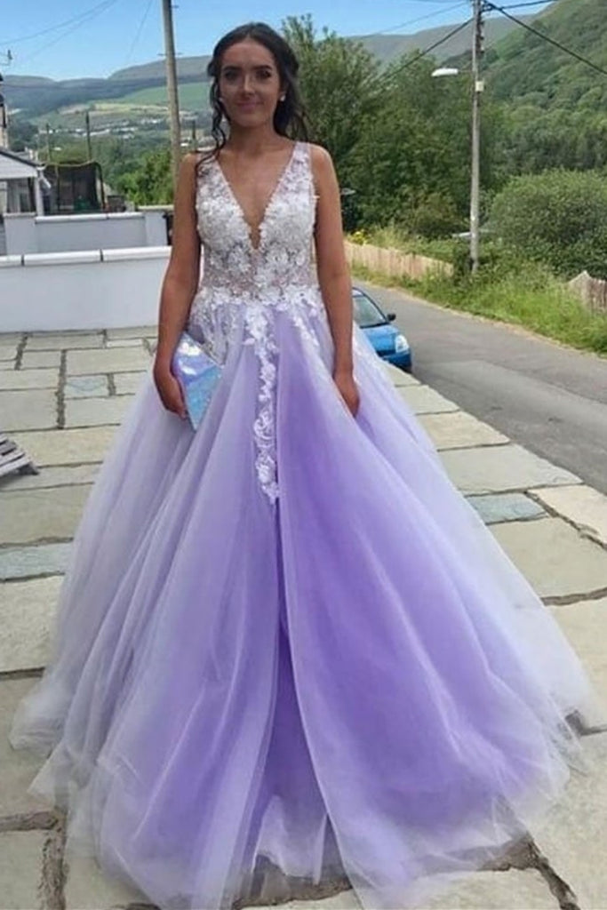 A Line V Neck and V Back Long White Lace Appliques Purple Prom Dress, abcprom A Line V Neck and V Back Long White Lace Appliques Purple Prom Dress, abcprom
