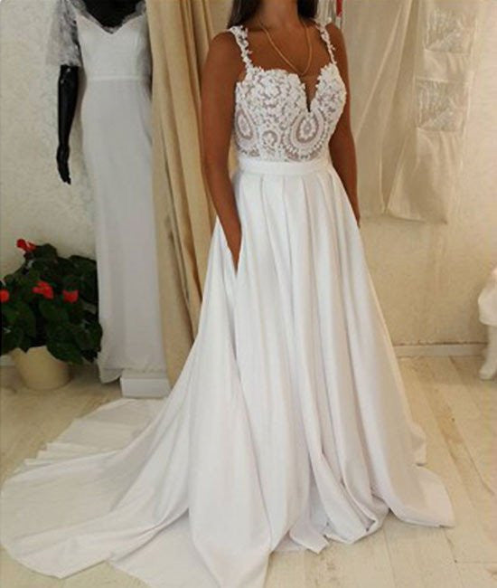Attractive Spaghetti Straps Sweetheart Neck White Lace Wedding Dresses, White Lace Prom Dresses