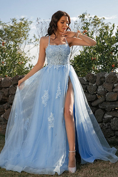 Backless Blue Lace Long Prom Dress with High Slit, Blue Lace Formal Graduation Evening Dress A1692