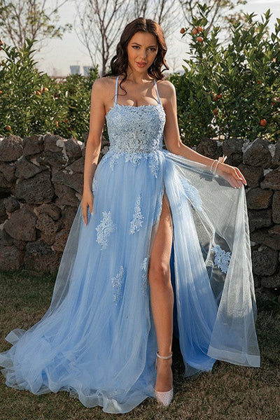 Backless Blue Lace Long Prom Dress with High Slit, Blue Lace Formal Graduation Evening Dress A1692