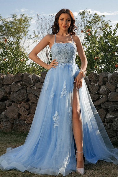 Backless Blue Lace Long Prom Dress with High Slit, Blue Lace Formal Graduation Evening Dress A1692