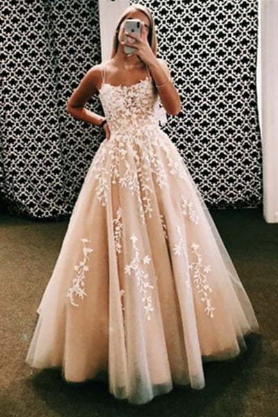 Backless Champagne Lace Long Prom Dresses, Champagne Lace Formal Evening Dresses, Champagne Ball Gown