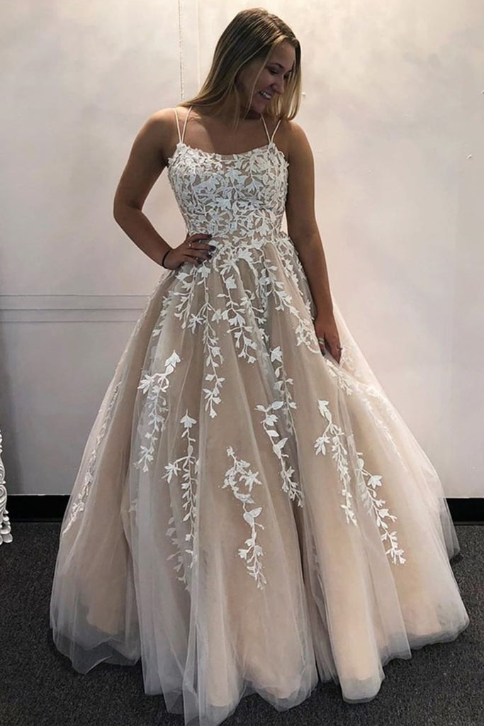 Backless Champagne Lace Long Prom Dresses, Champagne Lace Formal Evening Dresses, Champagne Ball Gown