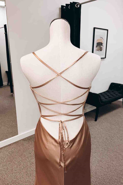 Backless Champagne Long Prom Dress with High Slit, Long Champagne Formal Graduation Evening Dress A1808