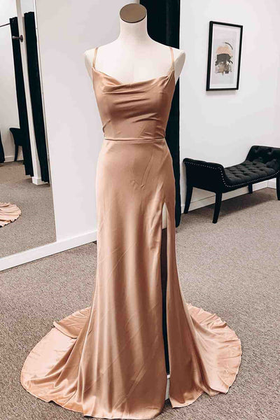 Backless Champagne Long Prom Dress with High Slit, Long Champagne Formal Graduation Evening Dress A1808