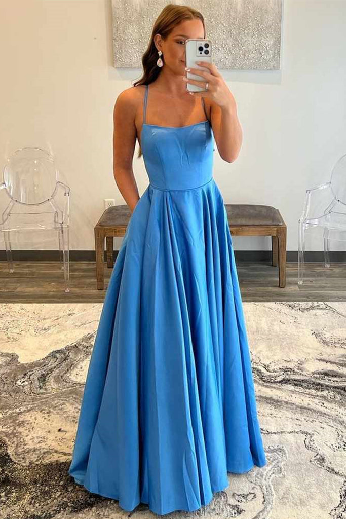Backless Floor Length Blue Satin Long Prom Dress with Pocket, Backless Blue Formal Graduation Evening Dress A1562