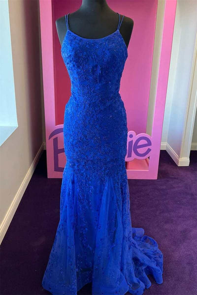 Backless Mermaid Blue Lace Tulle Long Prom Dress, Mermaid Blue Formal Dress, Blue Lace Evening Dress A1518