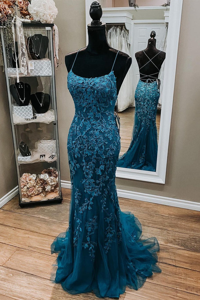 Backless Mermaid Dark Teal Lace Long Prom Dress, Mermaid Teal Lace Lon – abcprom