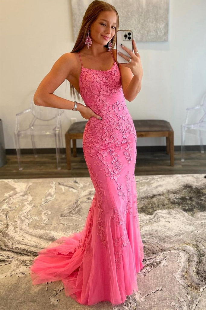 Mermaid Spaghetti Strap Satin Long Prom Dress, Hot Pink Corset Evening