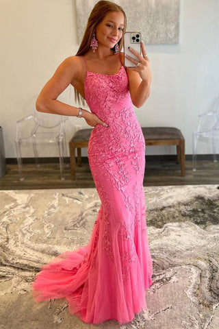 Backless Mermaid Hot Pink Lace Long Prom Dress, Mermaid Hot Pink Formal Dress, Hot Pink Lace Evening Dress A1446