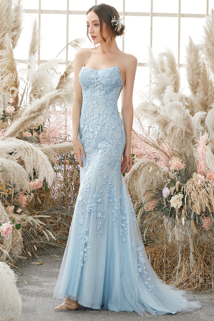 Backless Mermaid Light Blue Lace Tulle Long Prom Dress, Mermaid Light abcprom Backless Mermaid Light Blue Lace Tulle Long Prom Dress, Mermaid Light abcprom