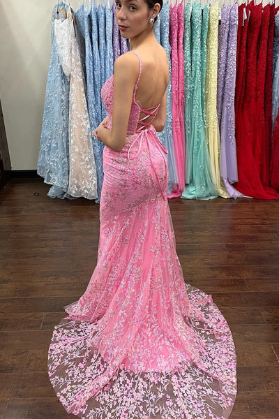 Backless Mermaid Pink Lace Long Prom Dress, Mermaid Pink Formal Dress, Pink Lace Evening Dress A1485