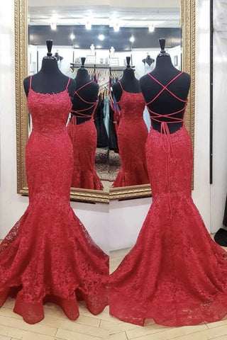 Backless Mermaid Red Lace Long Prom Dress, Mermaid Red Lace Formal Dress, Red Lace Evening Dress