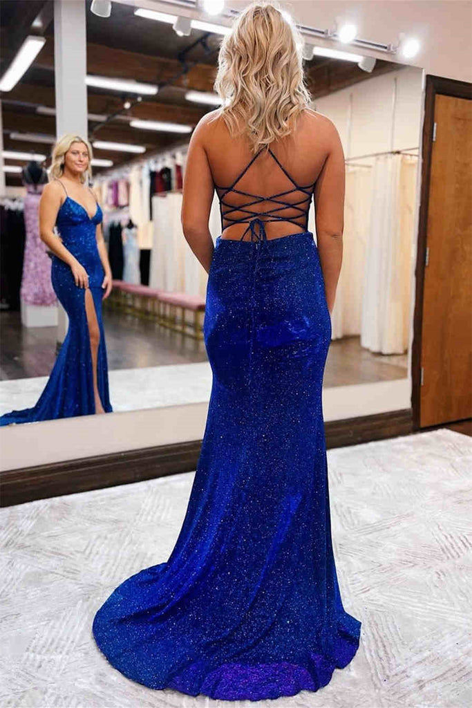 Backless Mermaid V Neck Blue Long Prom Dress with High Slit, Mermaid B abcprom Backless Mermaid V Neck Blue Long Prom Dress with High Slit, Mermaid B abcprom