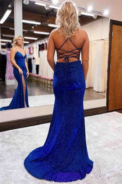 Backless Mermaid V Neck Blue Long Prom Dress with High Slit, Mermaid Blue Formal Dress, Blue Evening Dress A1662