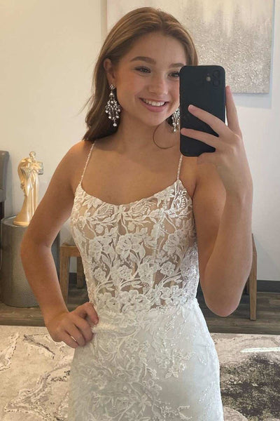 Backless Mermaid White Lace Long Prom Dress, White Lace Formal Dress, Mermaid White Evening Dress A1751