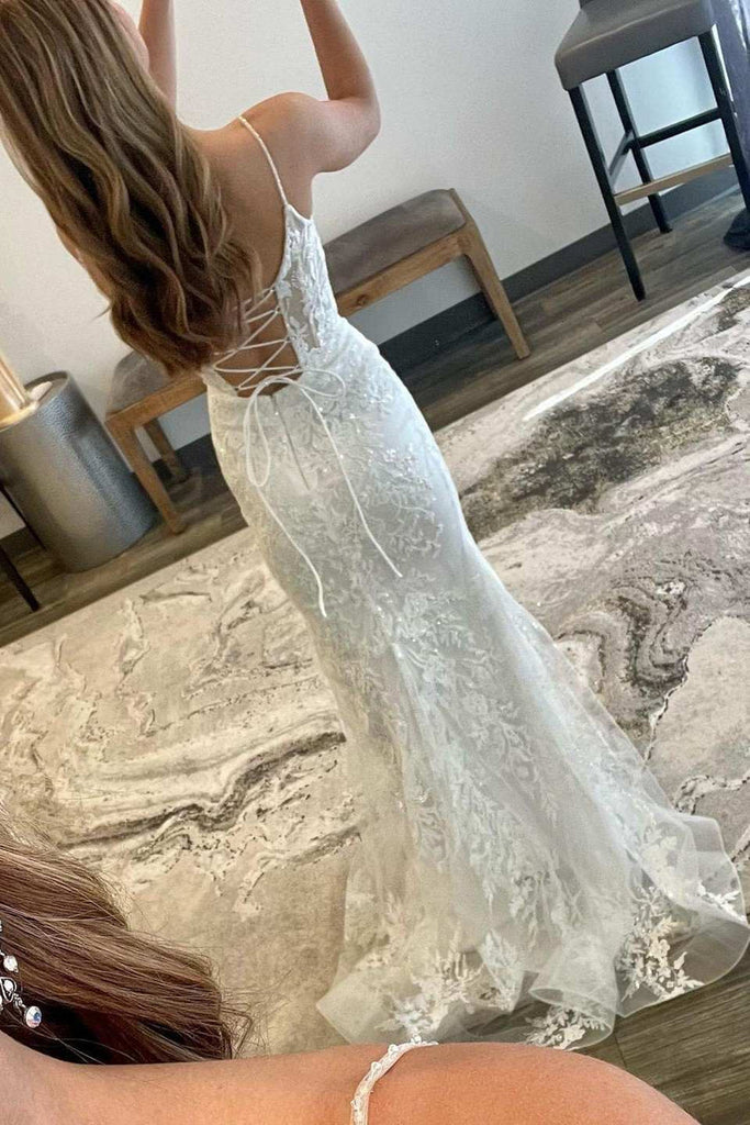 Backless Mermaid White Lace Long Prom Dress, White Lace Formal Dress, abcprom Backless Mermaid White Lace Long Prom Dress, White Lace Formal Dress, abcprom